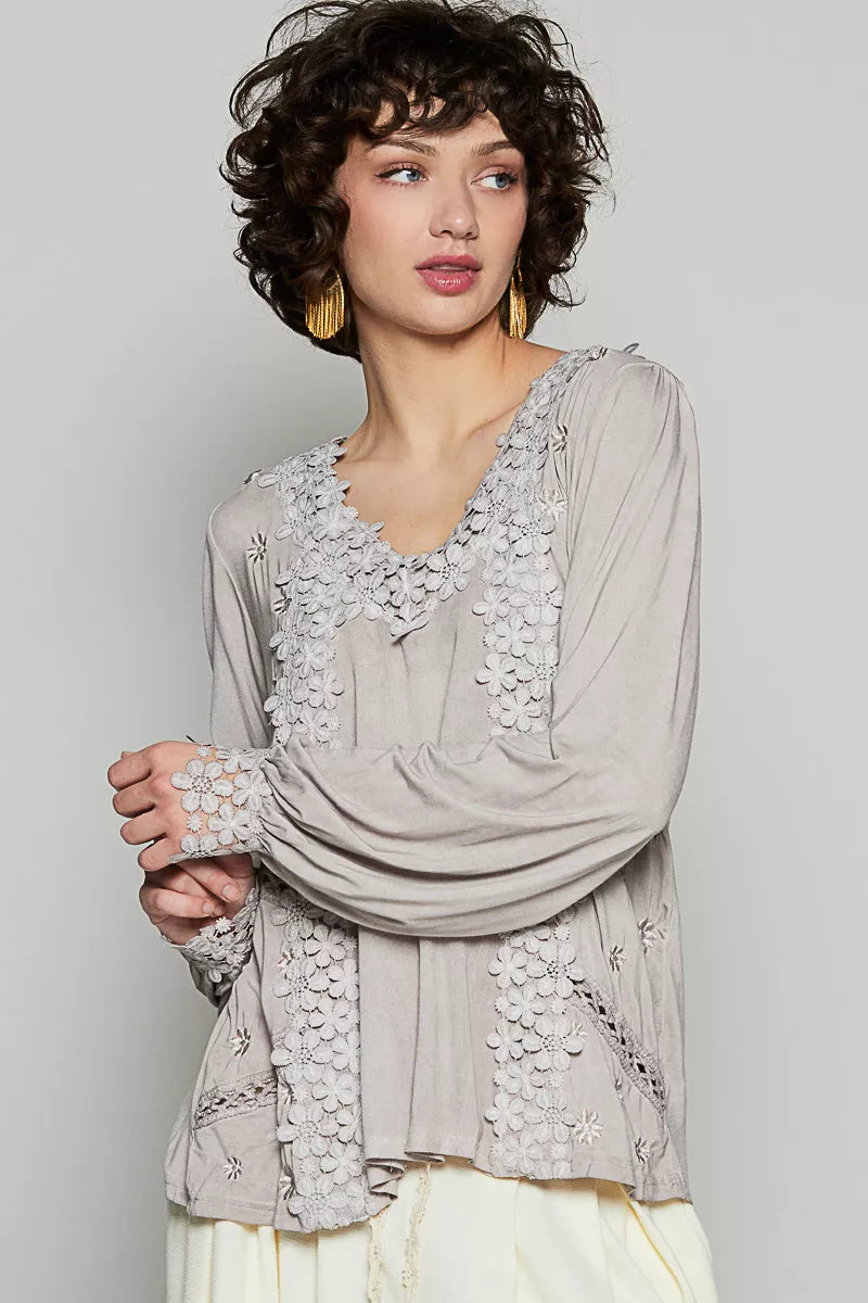 POL Romantic Taupe Floral Embroidery Woven Blouse with Lace Trim