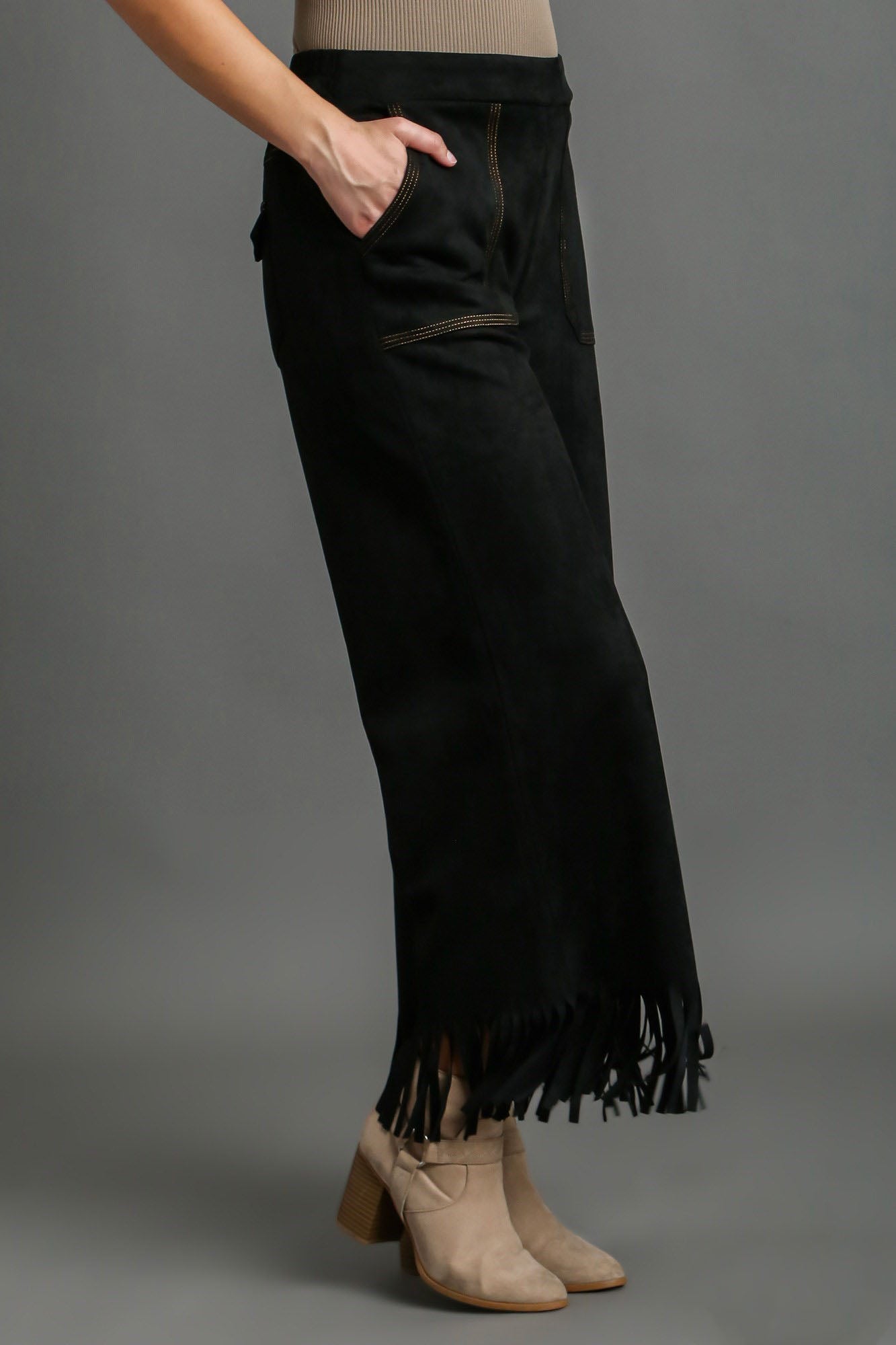 Umgee Black Suede Fringe Hem Wide Leg Pants