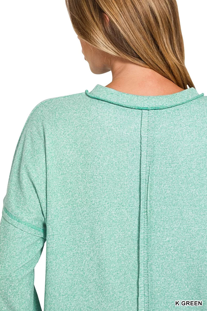 Zenana Kelly Green Soft Melange Hacci Round-Neck Long Sleeve T-Shirt