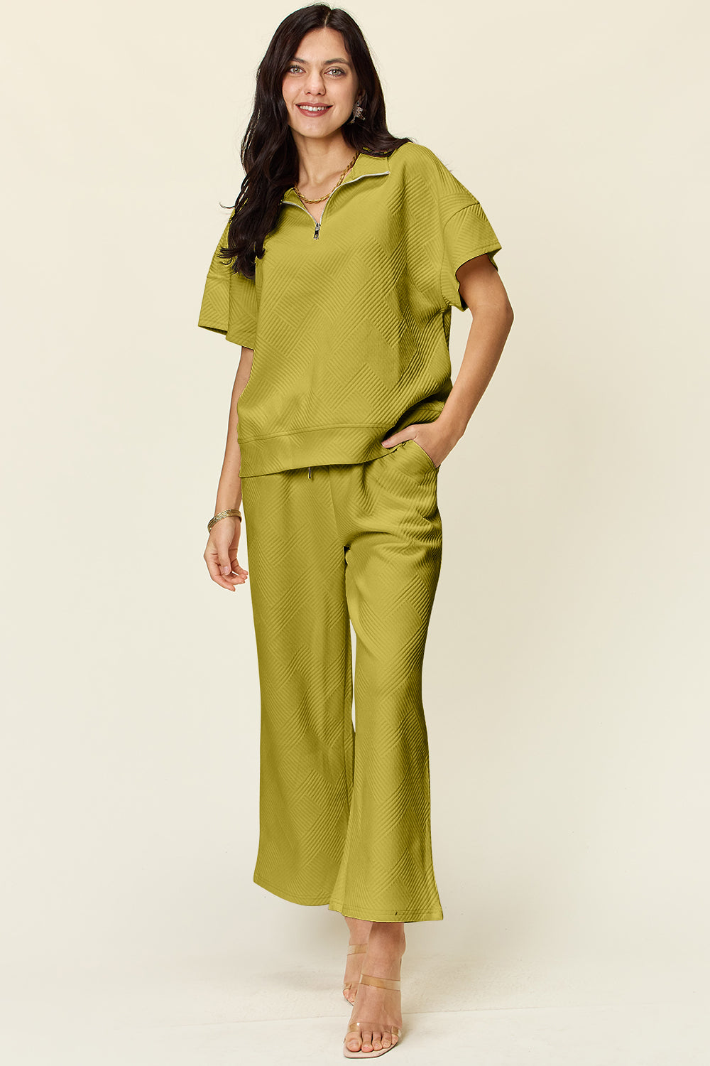 Double Take Quilted Textured Half Zip Short Sleeve Top and Pants Set Olive Sets