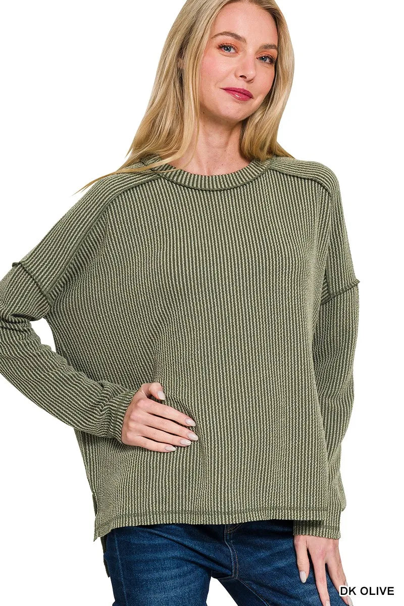 Zenana Dark Olive Exposed Seam Long Sleeve Corded Rib Knit Top