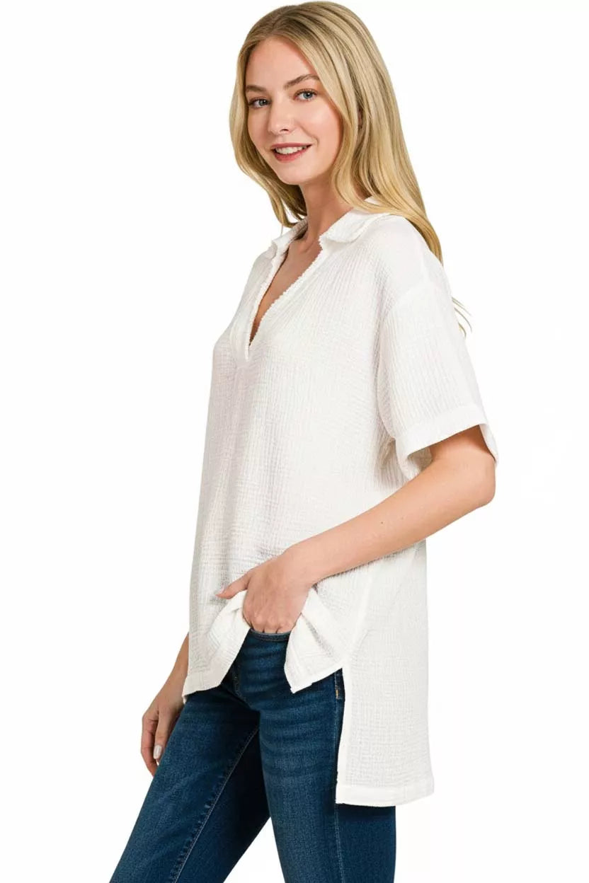 Zenana Double Gauze Short Sleeve High-Low Top