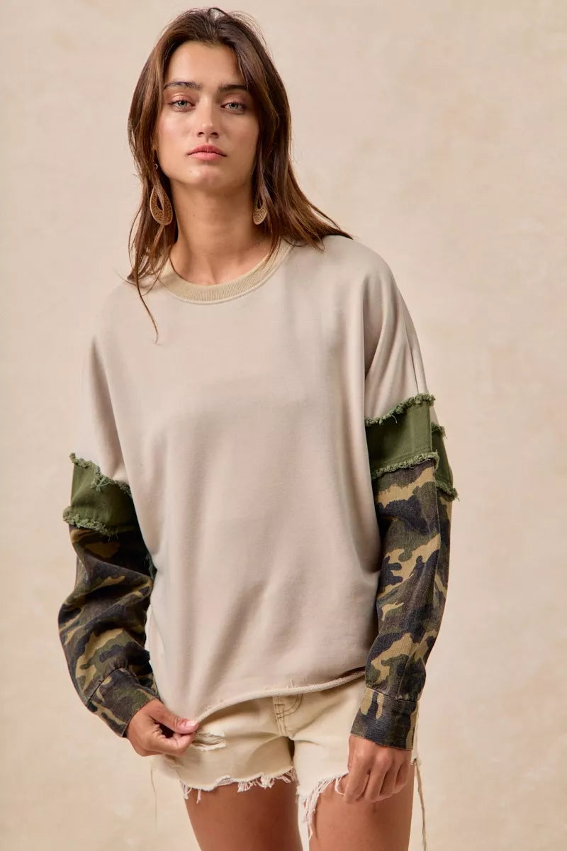 BiBi Taupe & Olive Camo Sleeve French Terry Top with Frayed Edge