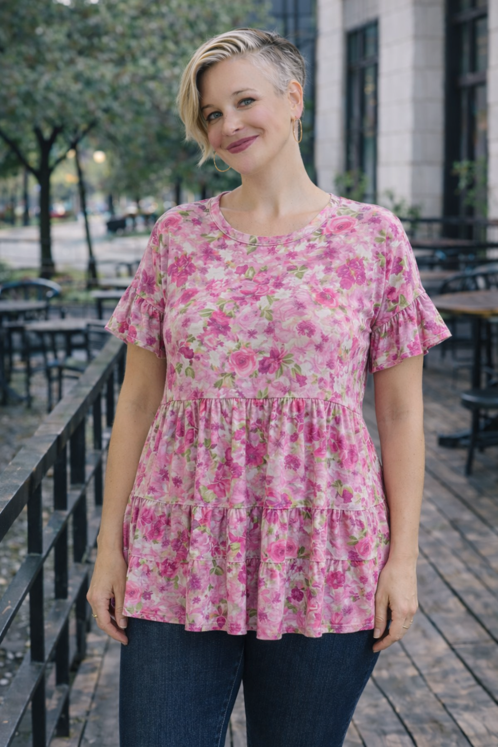 Haptics Fuchsia Frill Hem Babydoll Tiered Swing Floral Top