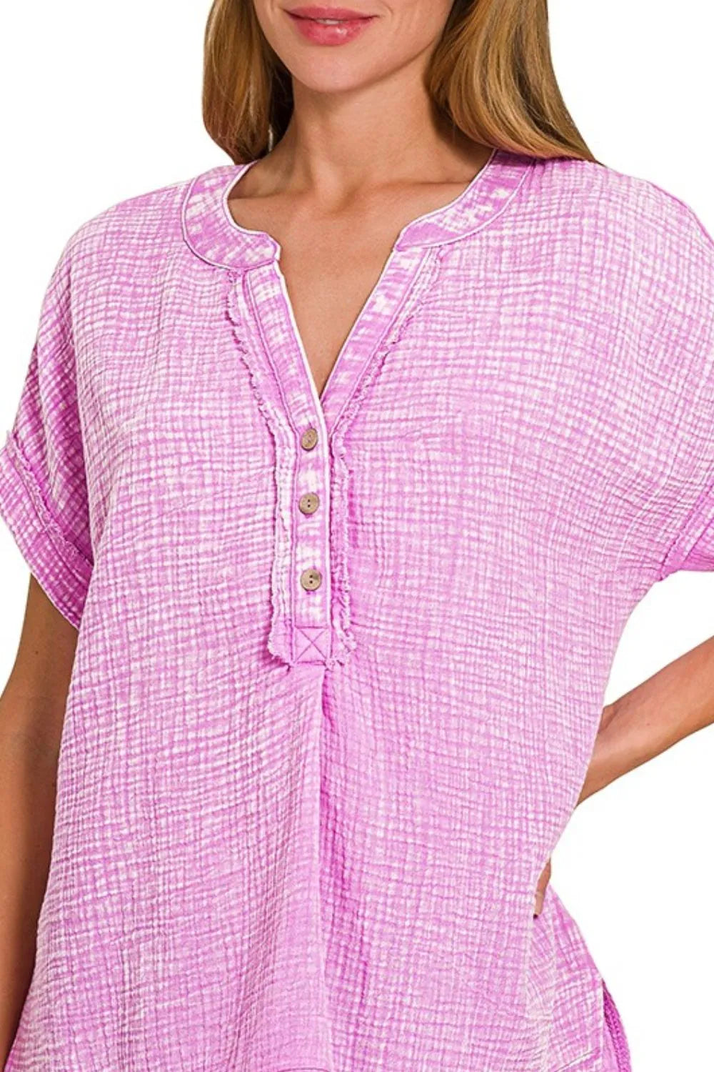 Zenana Bright Mauve Washed Double Gauze 3/4 Button Henley Neck Shirt