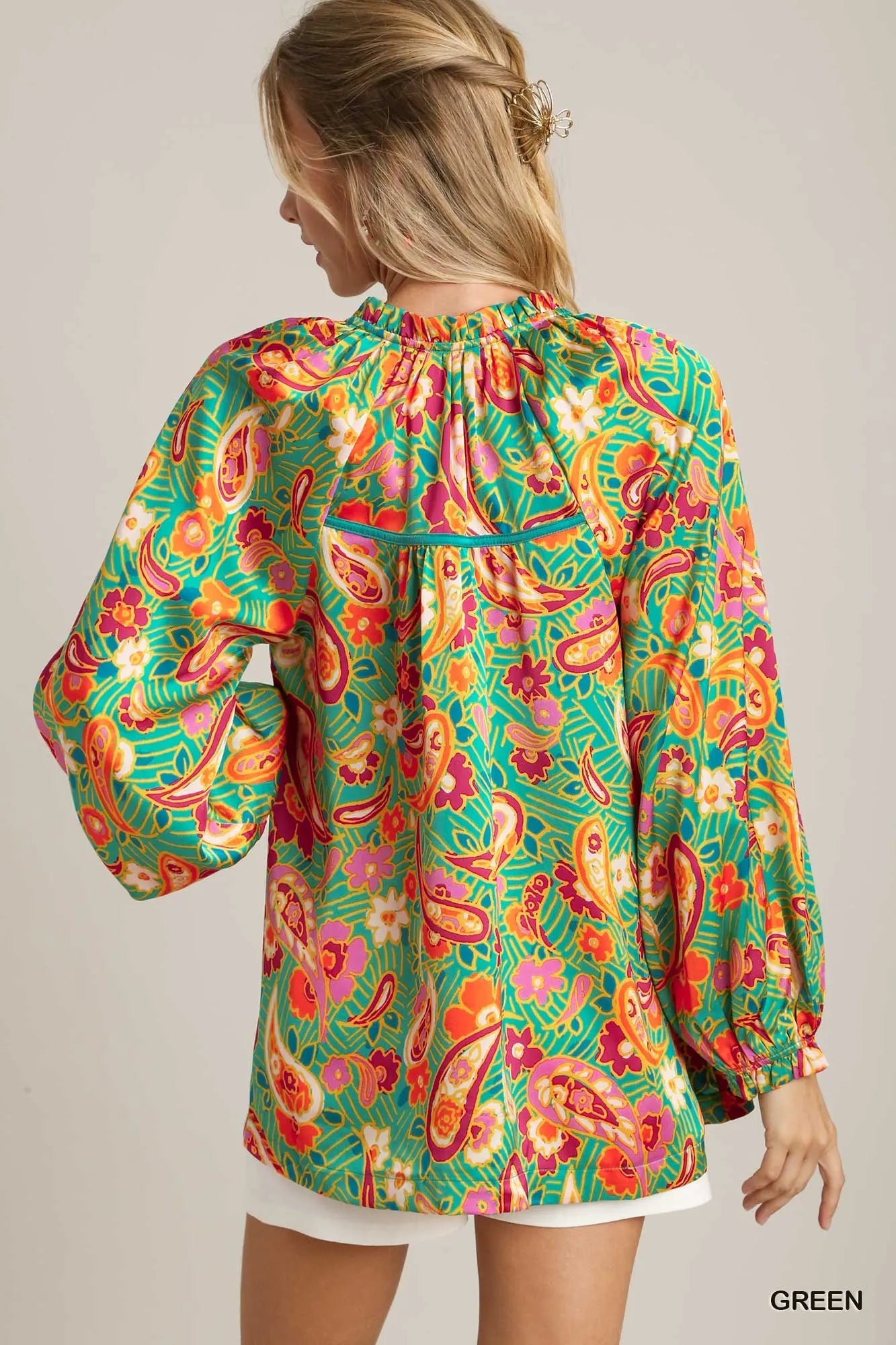 Umgee Green Satin Paisley Floral Ruffle Neck Button-Up Blouse