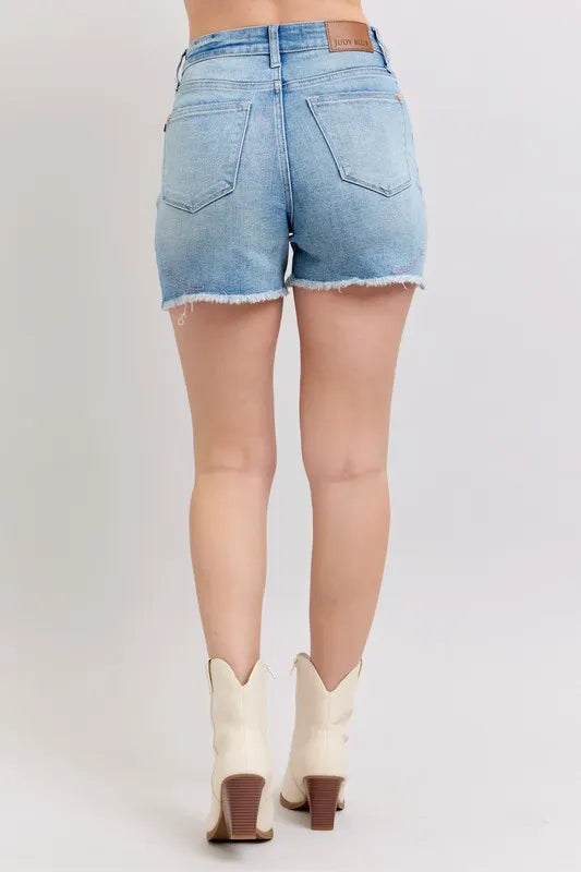 Judy Blue High Waist Western Pink Embroidery Detail Cut Off Denim Shorts