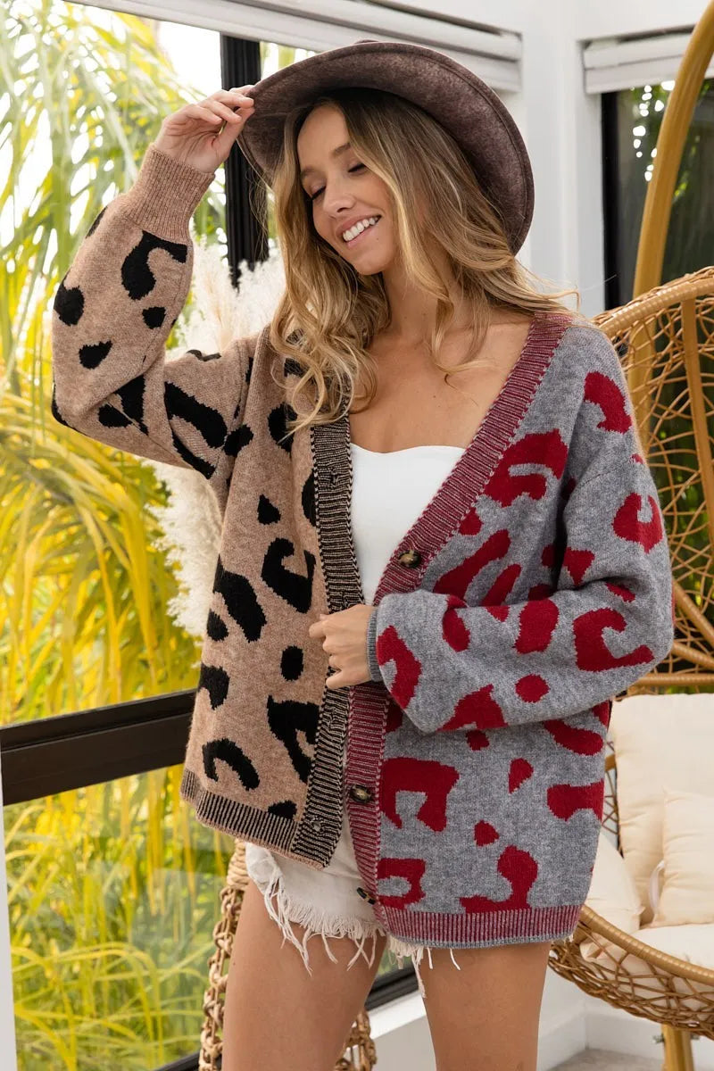 BiBi Taupe & Gray Leopard Color Block Button Down Sweater Cardigan
