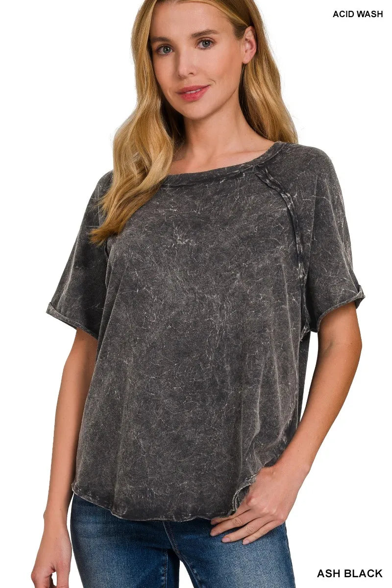 Zenana Ash Black Back Patch Crinkle Washed Raglan Sleeve T-Shirts ASH BLACK