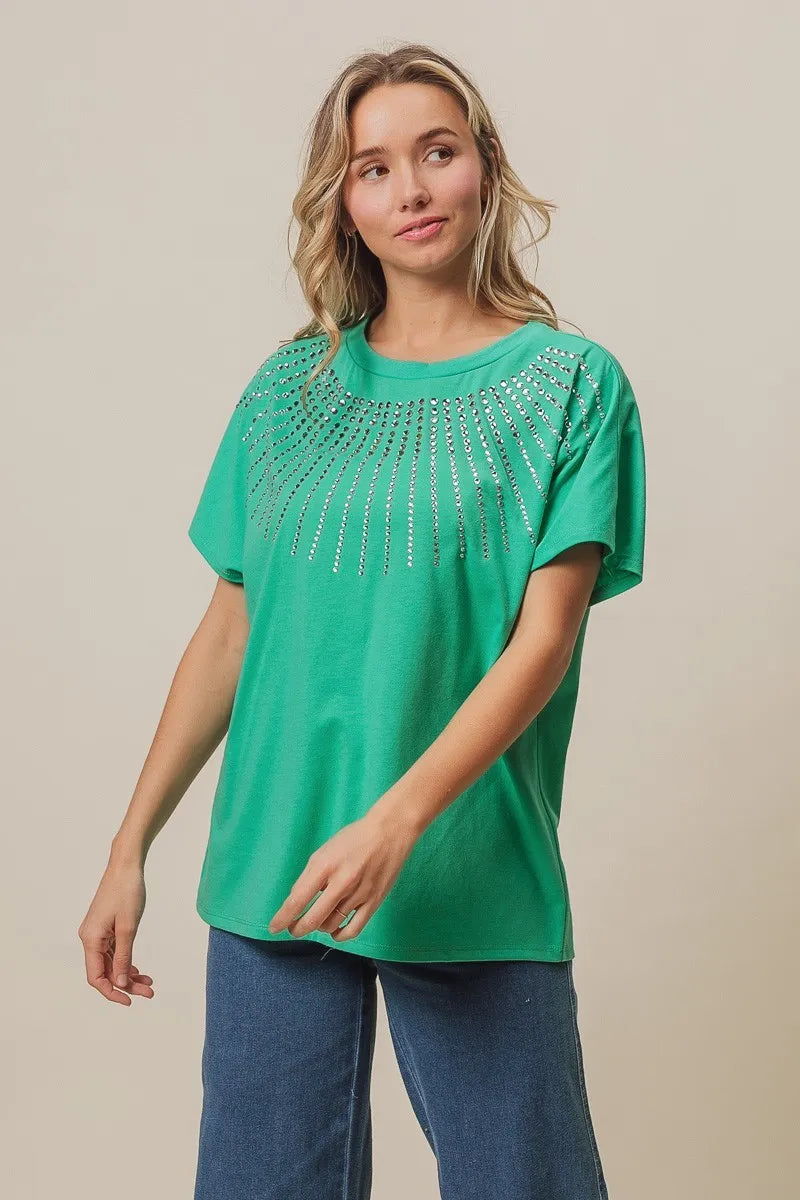 BiBi Jade Rhinestone Beaded Short Sleeve Top