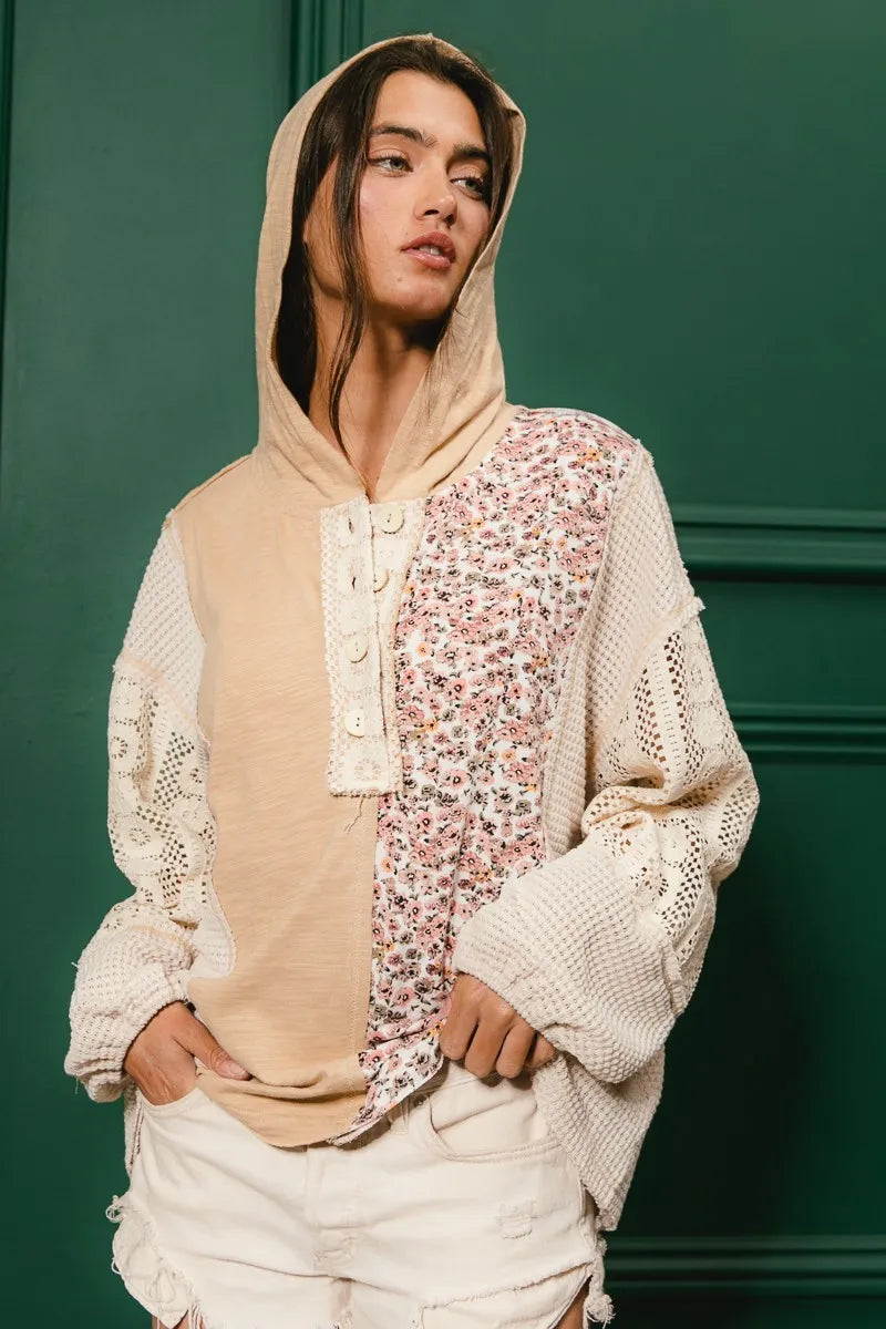 BiBi Taupe Slub Jersey with Lace Combo Buttoned Hoodie Top
