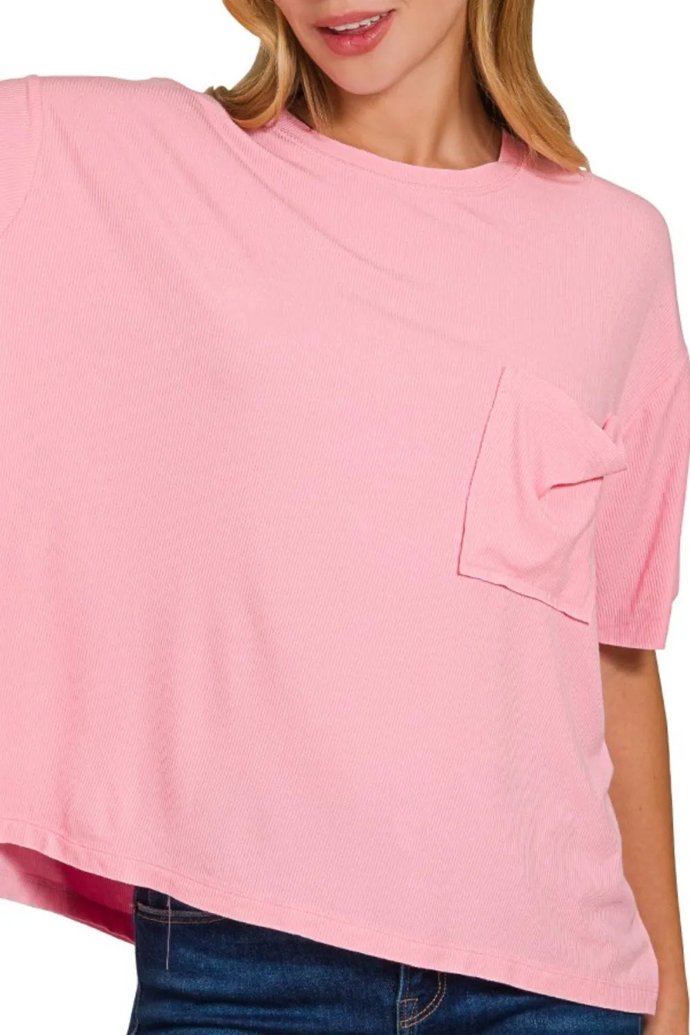 Zenana Dark Pink Oversized Ribbed Round Neck Short Sleeve Tee