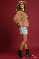 Umgee Mocha Textured Notched Blouse with Balloon Sleeves