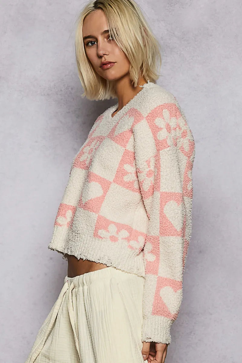 POL Cream & Pink V-Neck Heart Pattern Checkered Sweater