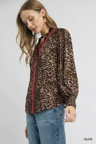 Umgee Olive Ruffle Trim Leopard Print Long Sleeve Blouse
