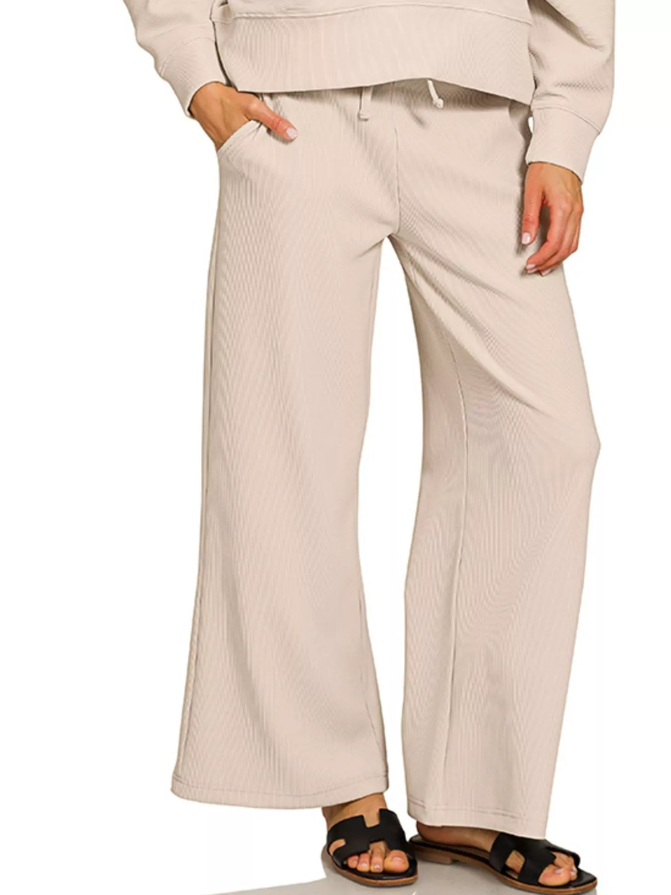 Zenana Sand Beige Ribbed Round Neck Pullover and Drawstring Pants Set