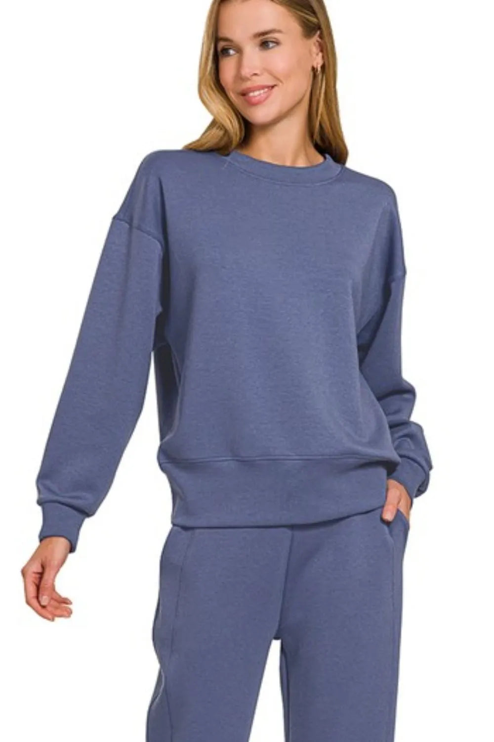 Zenana Blue Indigo Scuba Crewneck Pullover & Joggers 2 Pieces Set