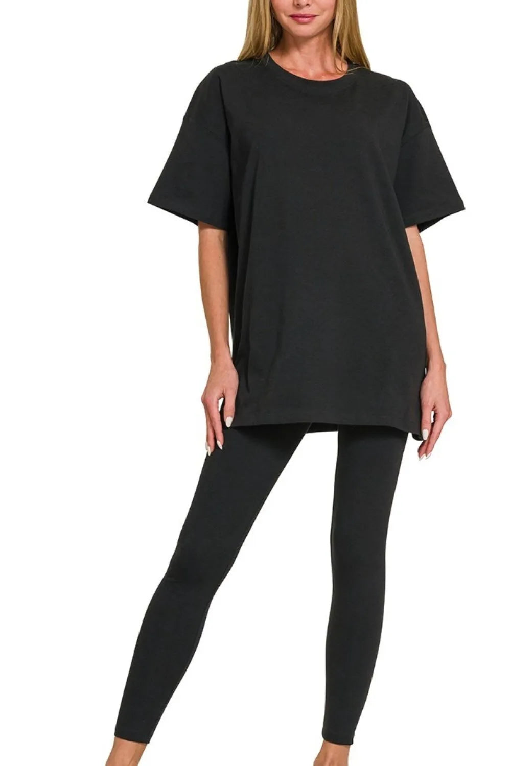 Zenana Black Cotton Round Neck Top & Legging Set BLACK