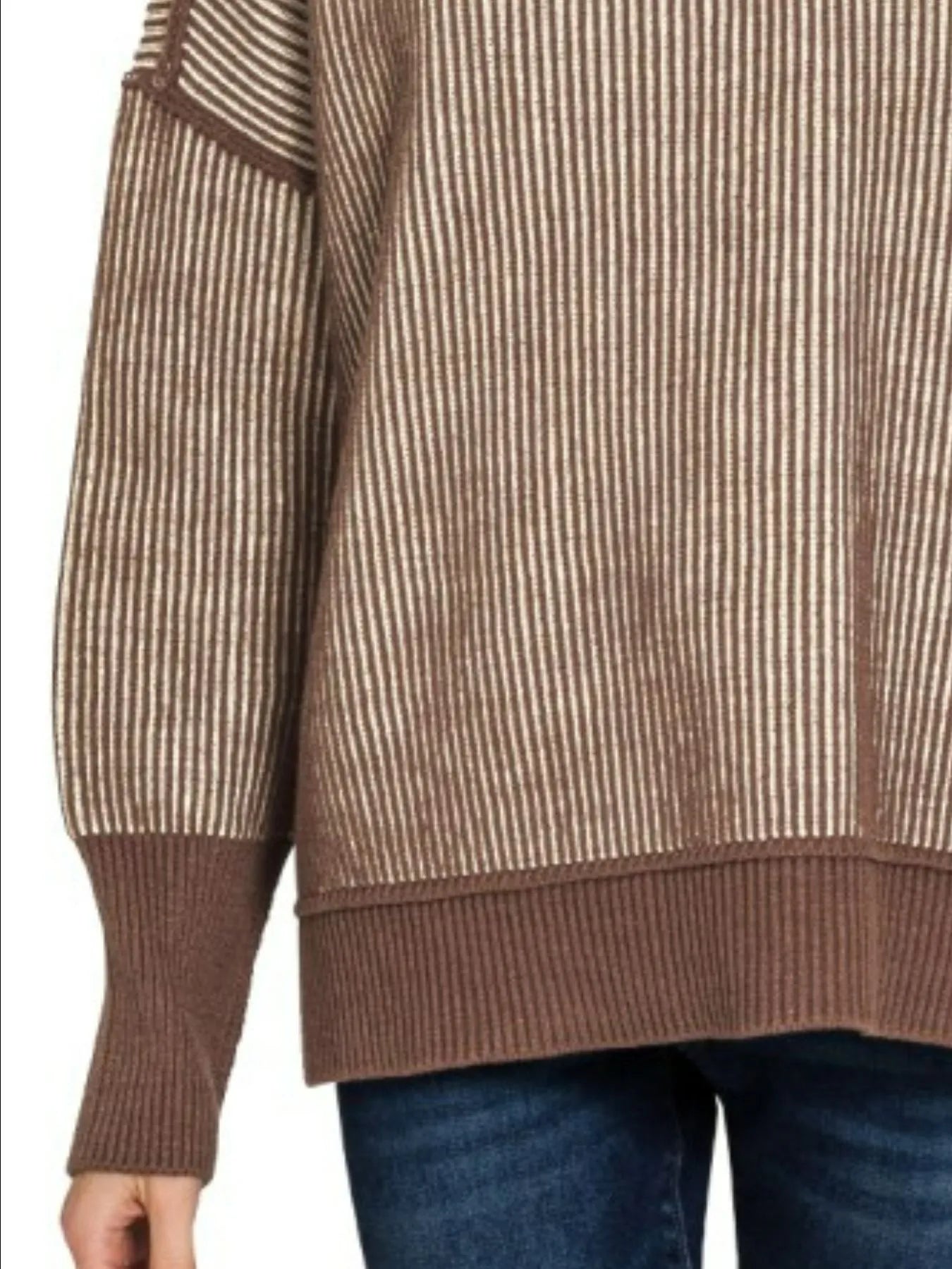 Zenana Brown Exposed Seam Two Tone Ribbed Sweater