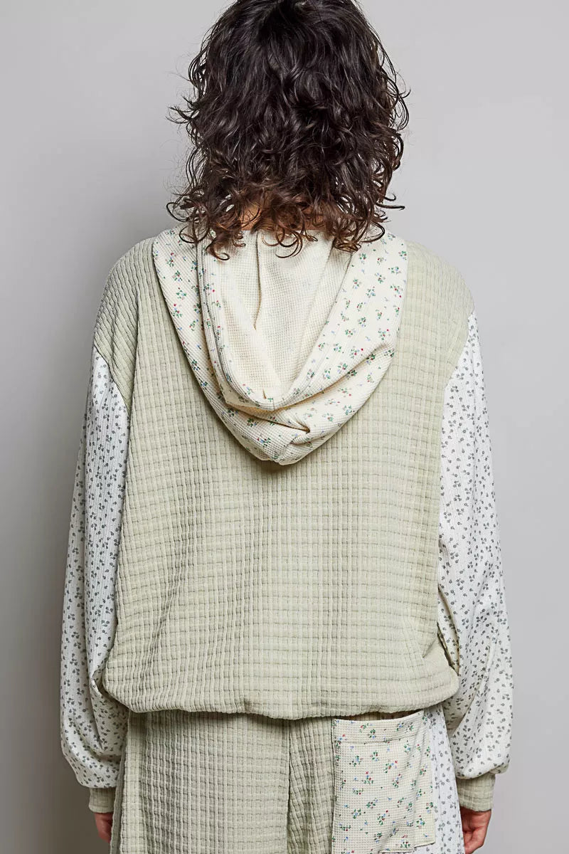 POL Sage Mixed Knit Contrast Print Sleeve Hoodie with Kangaroo Pocket
