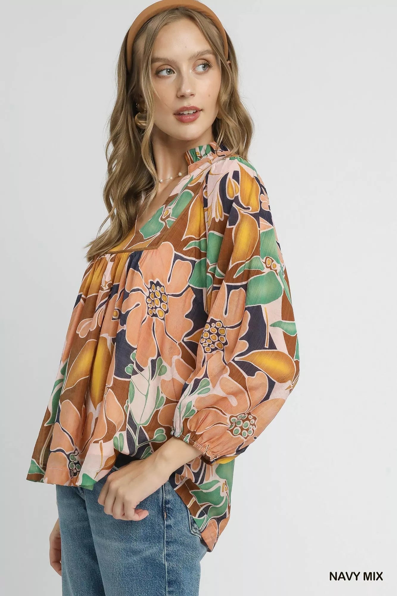 Umgee Navy Mix Multicolor Abstract Floral Print Blouse with Ruffle Neck