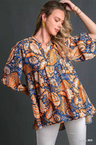 Umgee Teal Mix Paisley Boho Tunic Blouse TEAL MIX