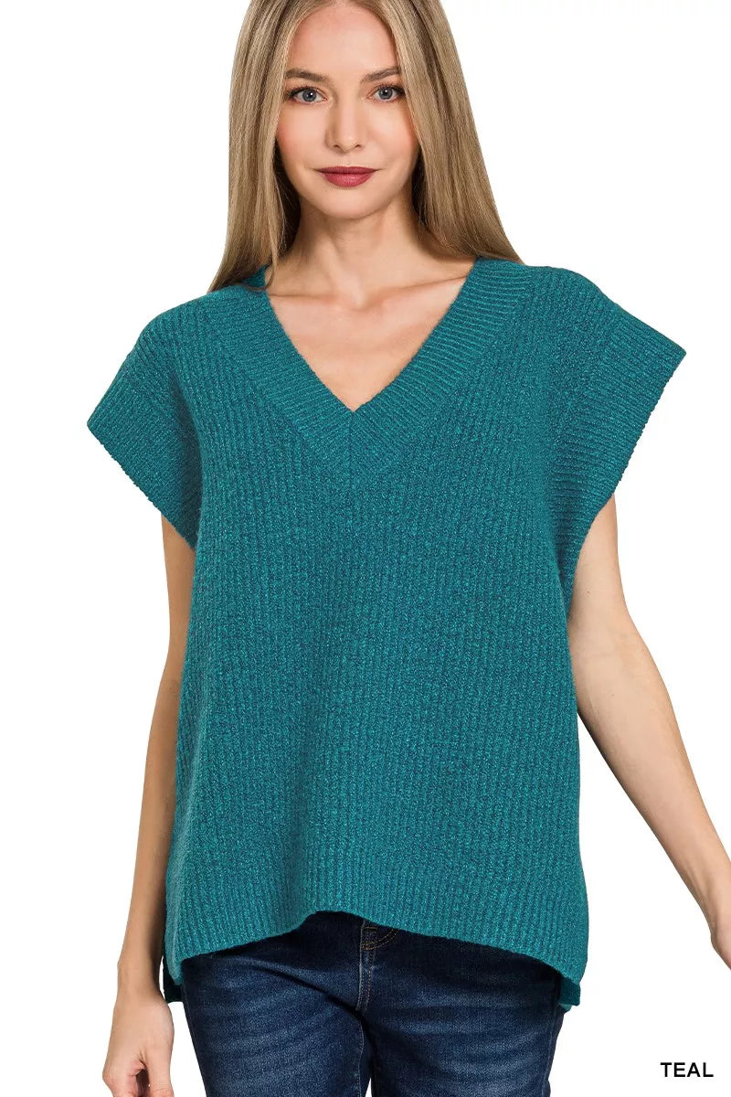 Zenana Teal Ribbed Slit V-Neck Sweater Vest