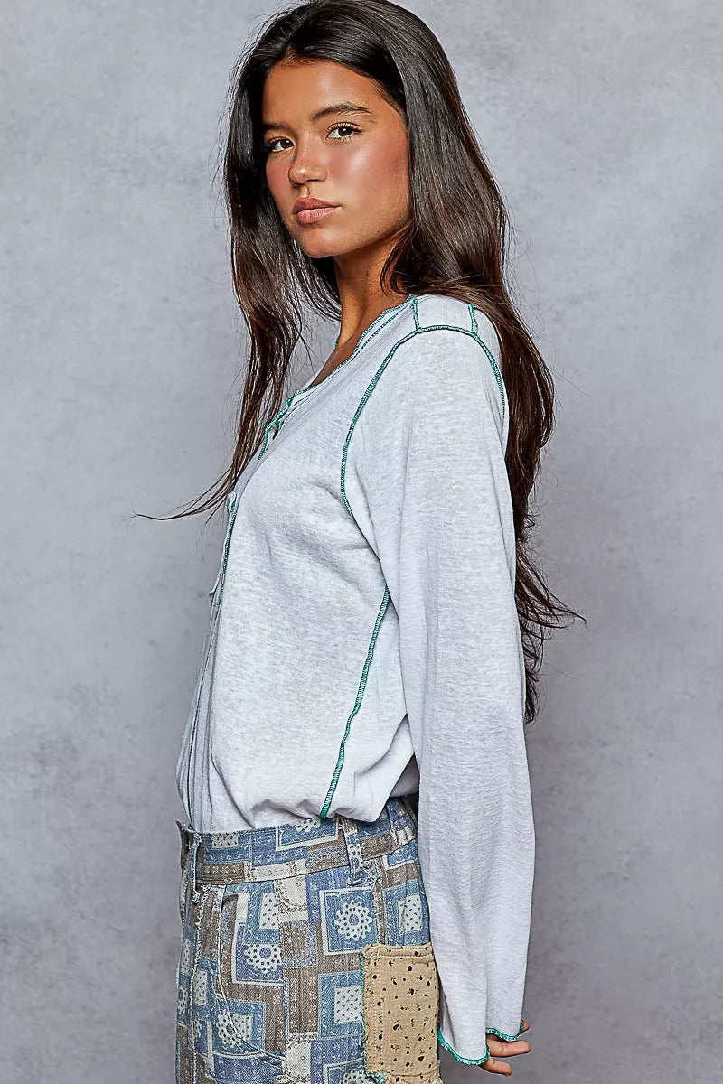 POL Off White Round Neck Long Sleeve Top with Contrast Stitching