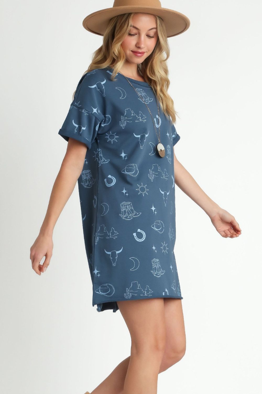 Umgee Peacock French Terry Short Sleeve Round Neck Dress