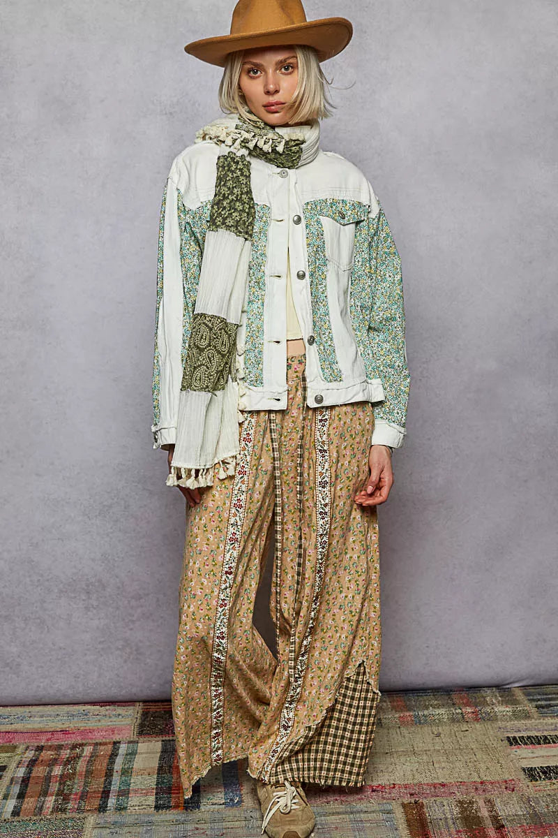POL Off White Button Down Patchwork Denim Jacket with Floral Print Details