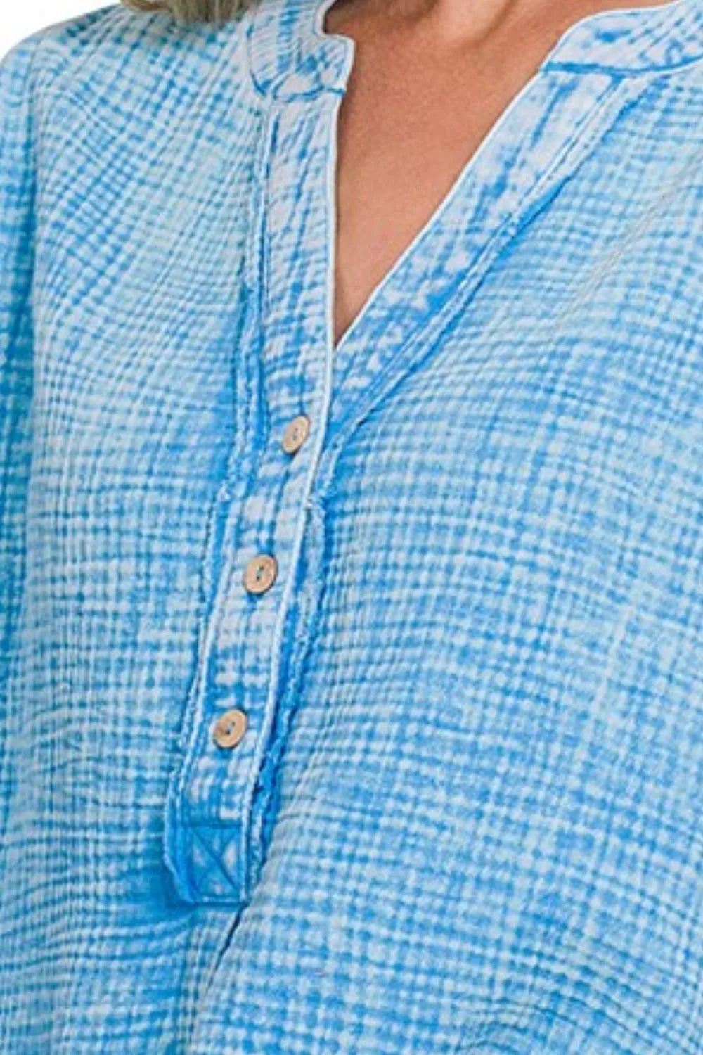 Zenana Deep Sky Washed Double Gauze 3/4 Button Henley Neck Shirt