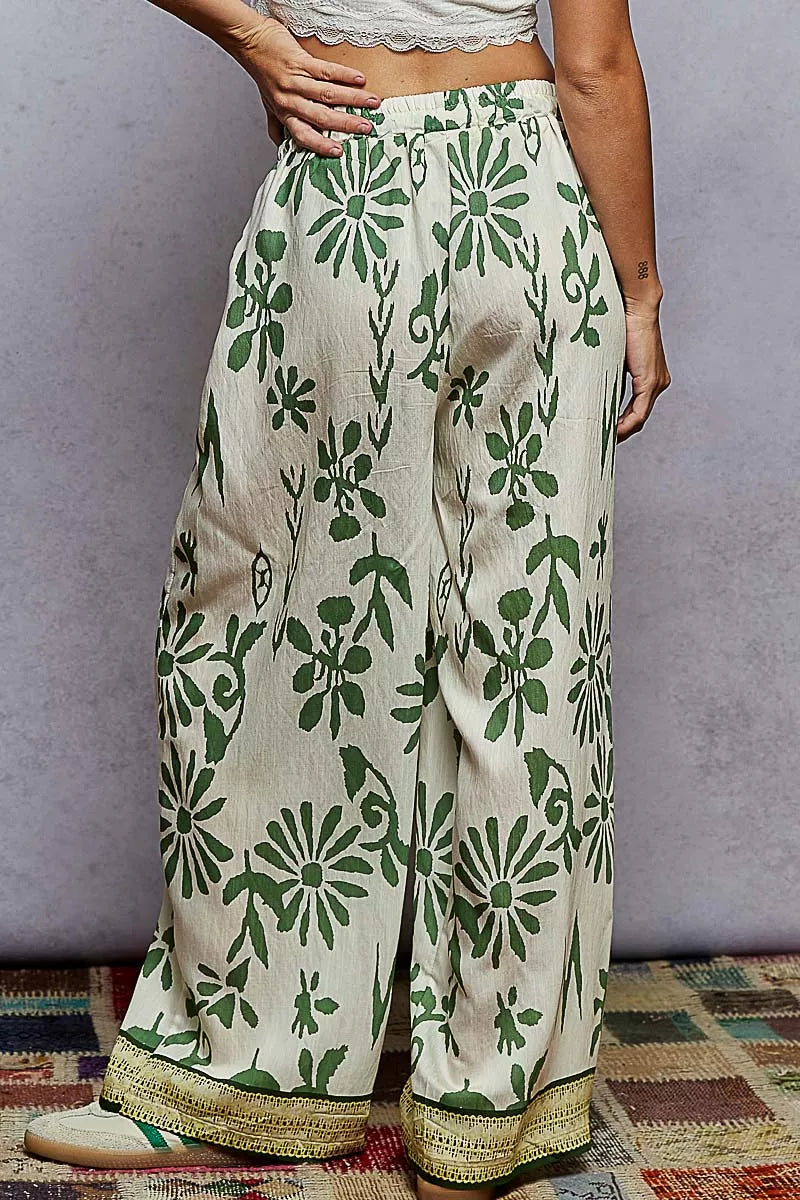POL Ivory & Green Floral Printed Woven Wide Leg Drawstring Pants