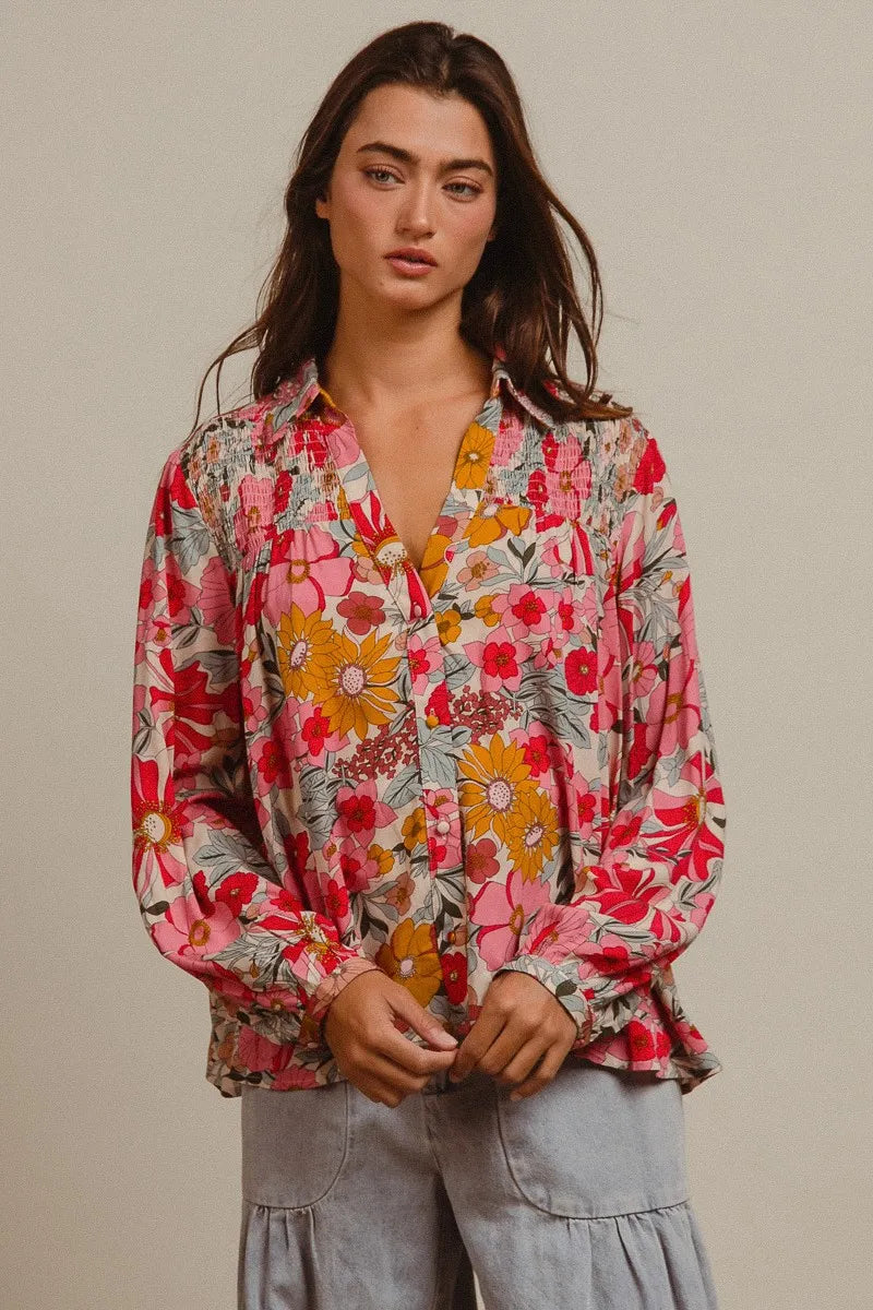 BiBi Woven Floral Printed Long Sleeve Blouse