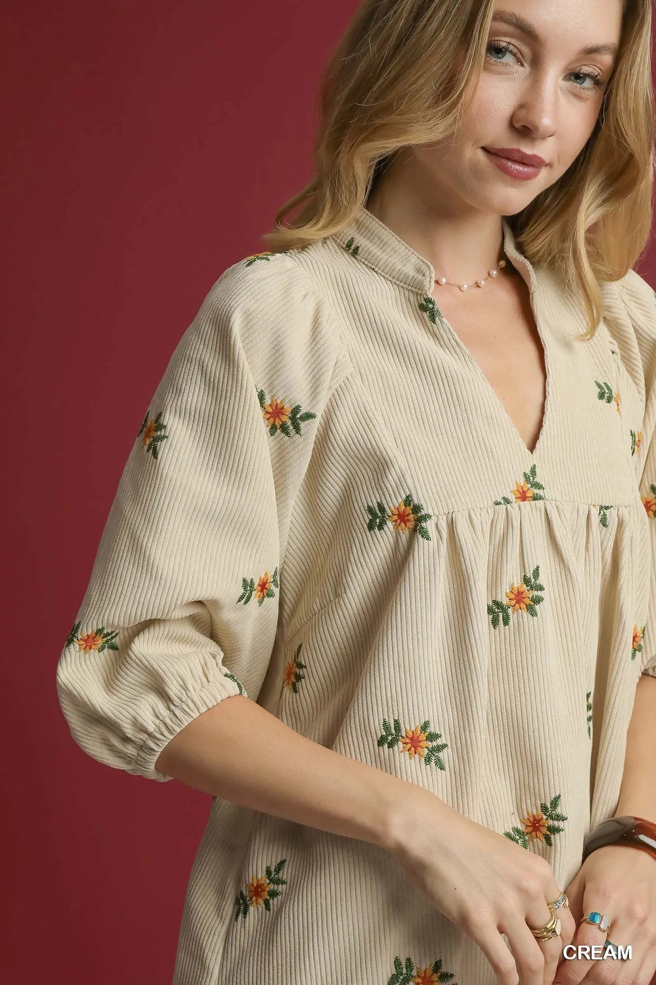 Umgee Cream Corduroy Babydoll Dress with Floral Embroidery