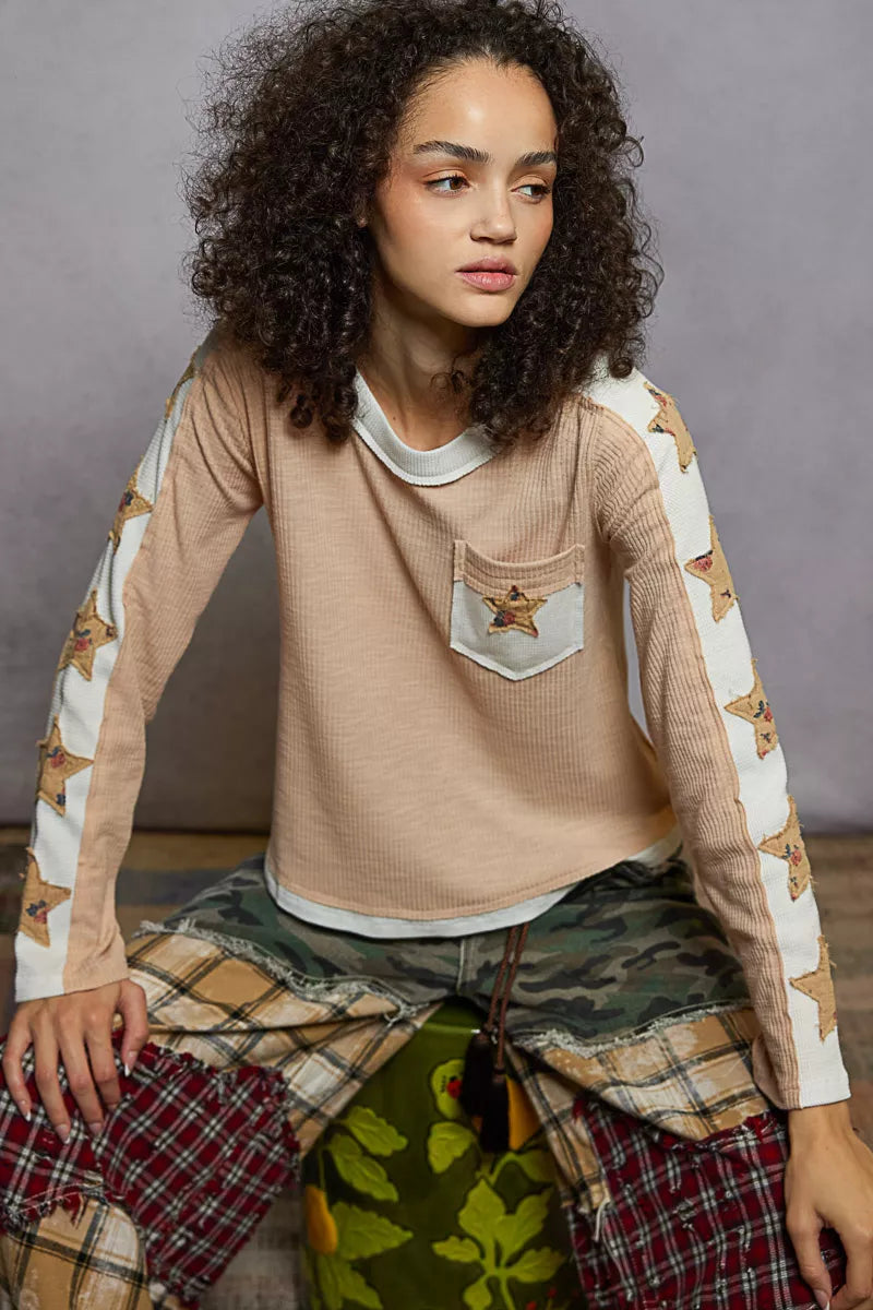 POL Nude Beige Round Neck Long Sleever T-Shirt with Star Patches