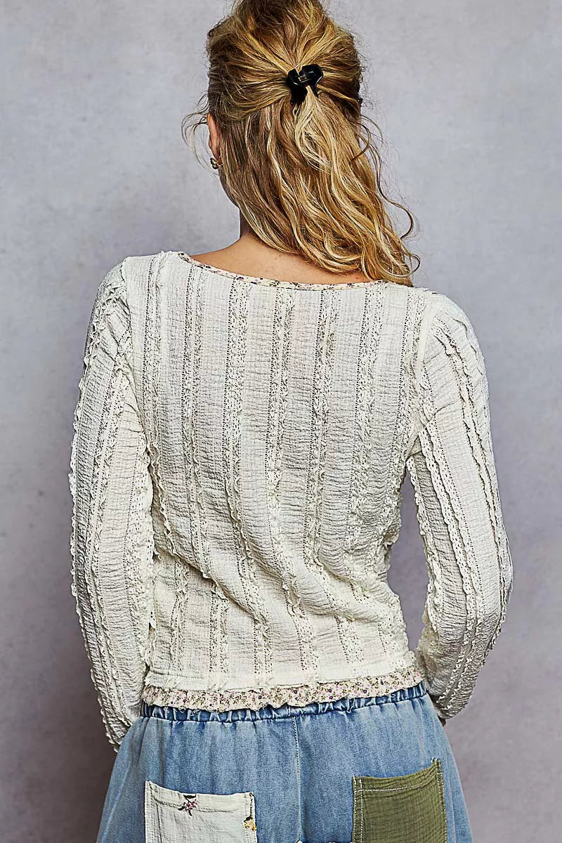 POL Cream Texture Long Sleeve Blouse with Floral Ruffled Details