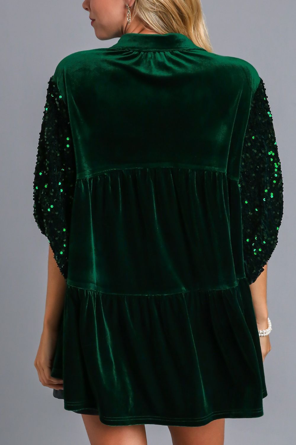 Umgee Velvet Tiered Back Sequin Detail Sleeve Blouse in Hunter Green Shirts & Tops