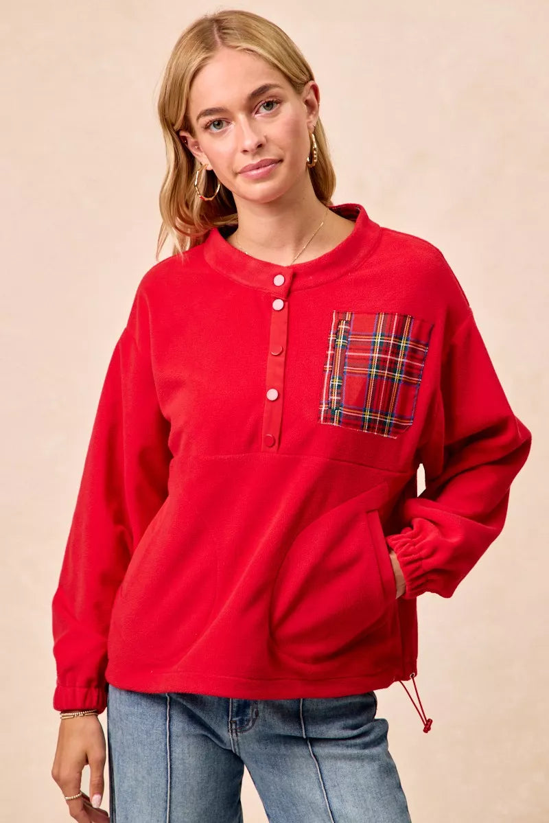 BiBi Red Christmas Theme Fleece Buttoned Top with Pockets