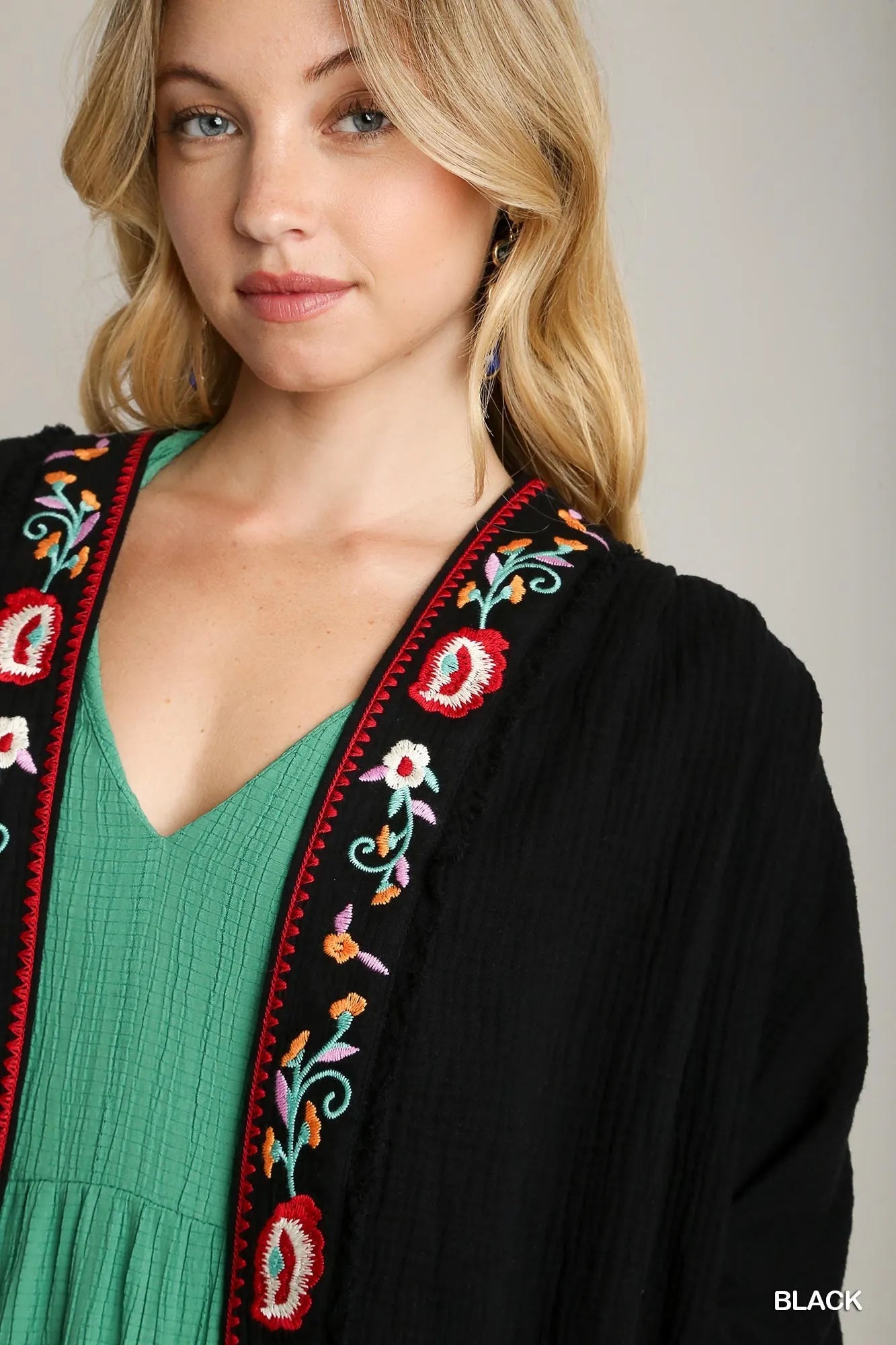 Umgee Black Embroidery Open Front Kimono with Pleated Shoulder Detail