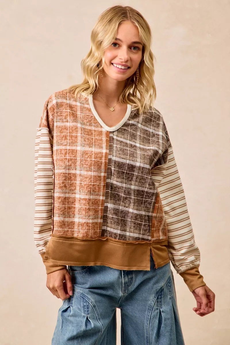 BiBi Plaid And Stripe Mix And Match Top With Open Seam