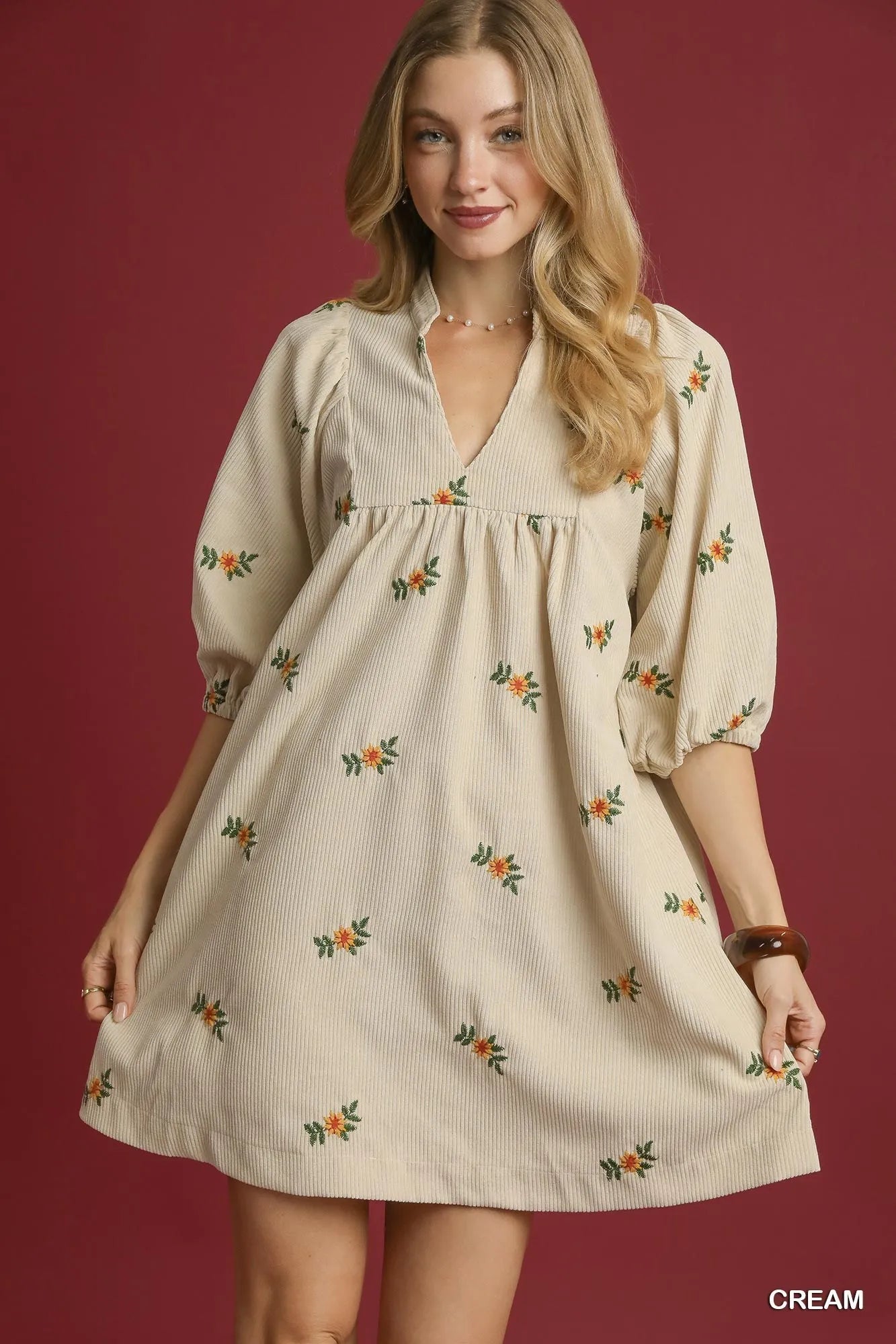 Umgee Cream Corduroy Babydoll Dress with Floral Embroidery Cream