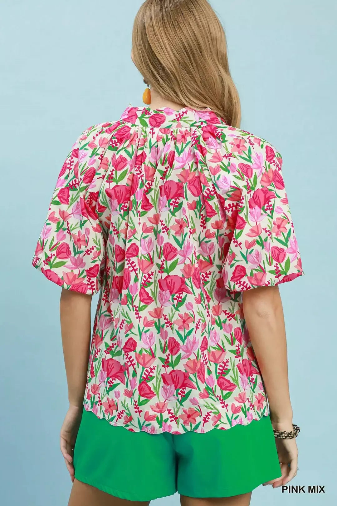 Umgee Pink Mix Floral Puff Sleeve Blouse with Scalloped Details