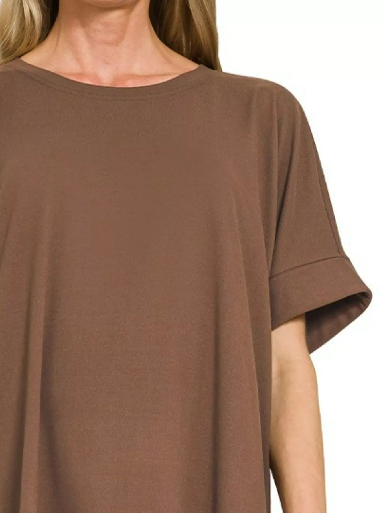 Zenana Brown Brushed Dty Microfiber Round Neck Top and Biker Shorts Set