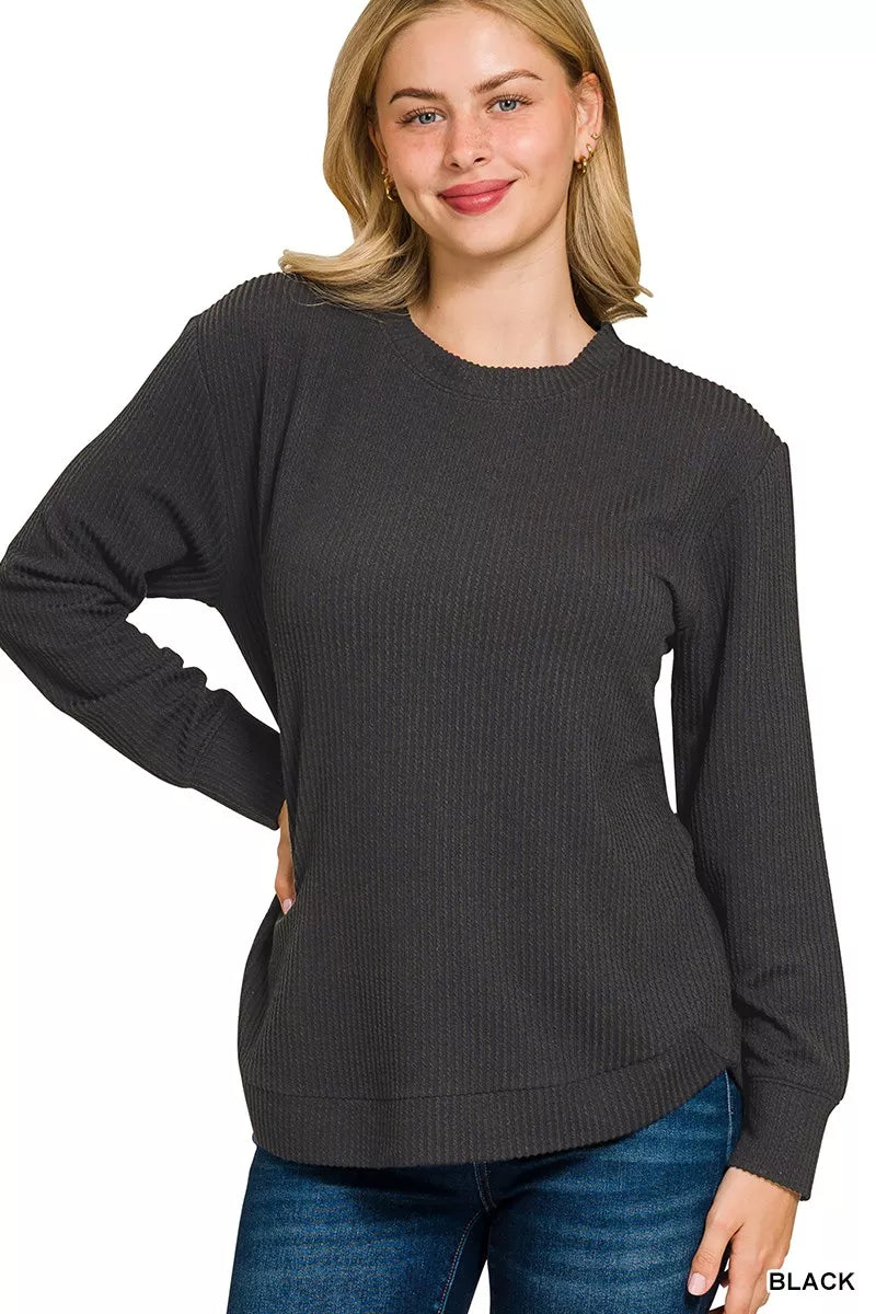 Zenana Black Raised Rib Round Neck Long Sleeve Top