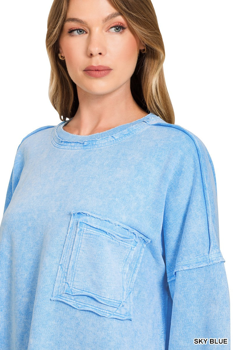 Zenana Sky Blue Halo Washed French Terry Exposed-seam Sweatshirt