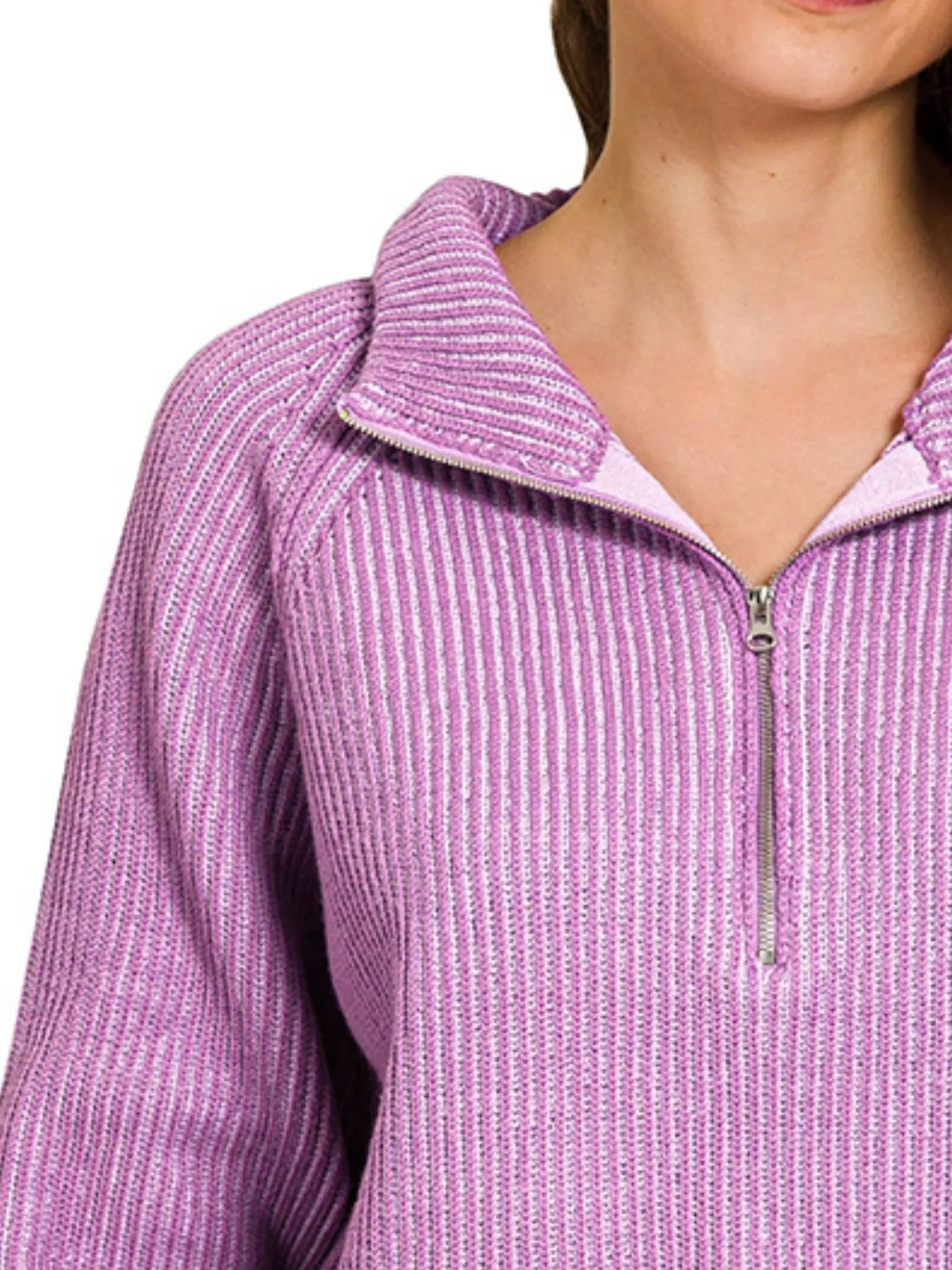 Zenana Ribbed Two-Tone Half Zip Sweater — Violet/Lavender