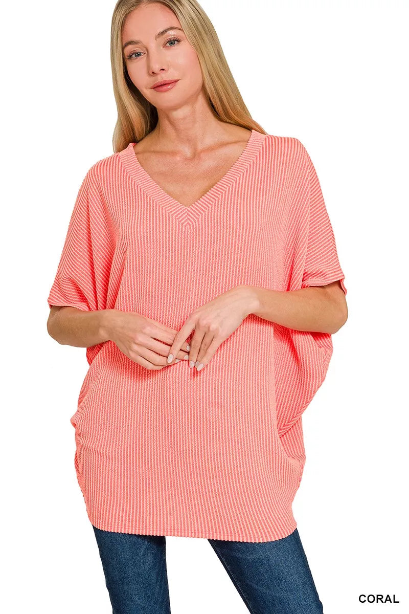 Zenana Coral Raised Rib V-Neck Batwing Top CORAL