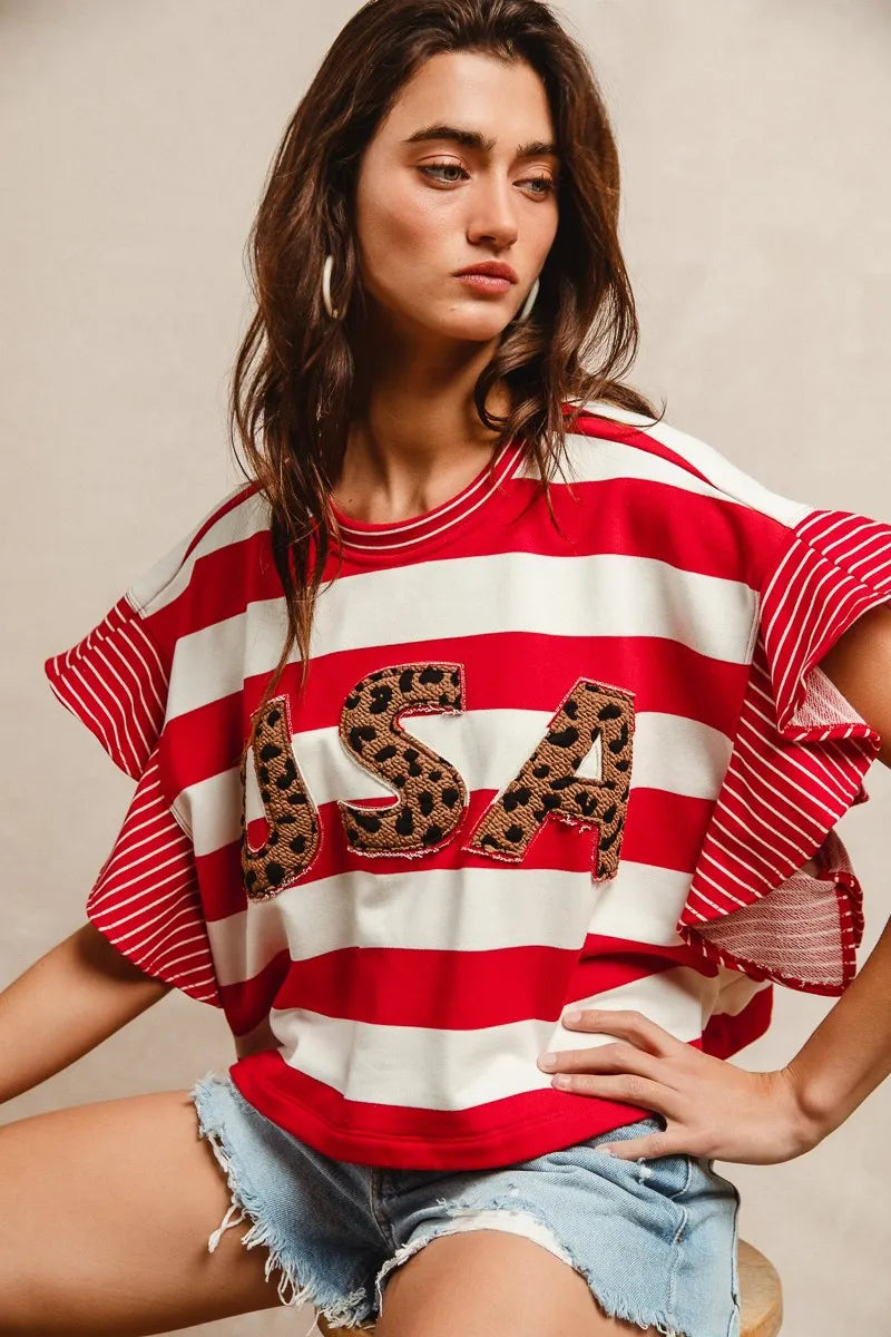 BiBi Red Stripe Mixed Ruffle Sleeve Top With Leopard Letters- USA
