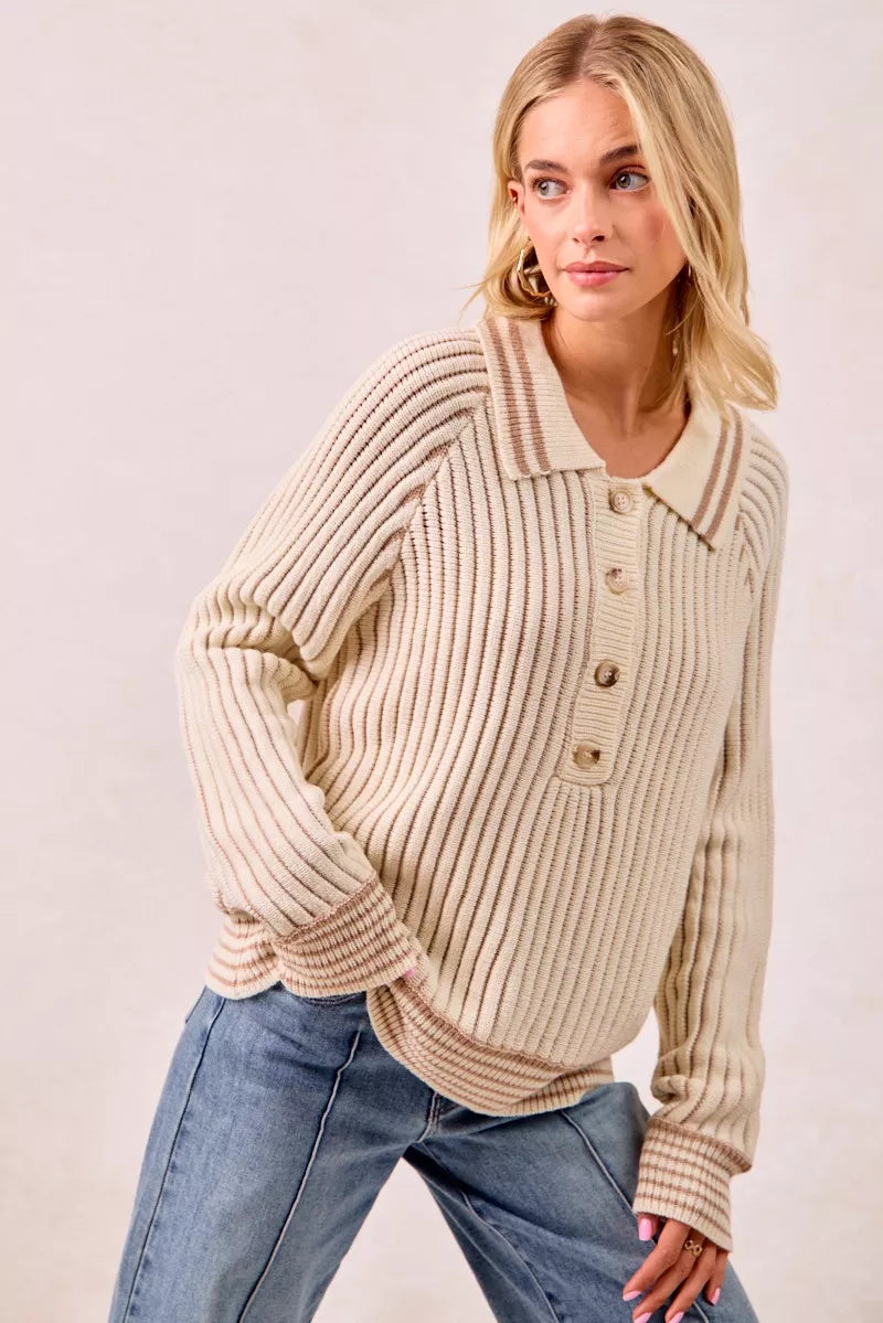 BiBi Cream & Latte Half Button Ribbed Two Tone Sweater