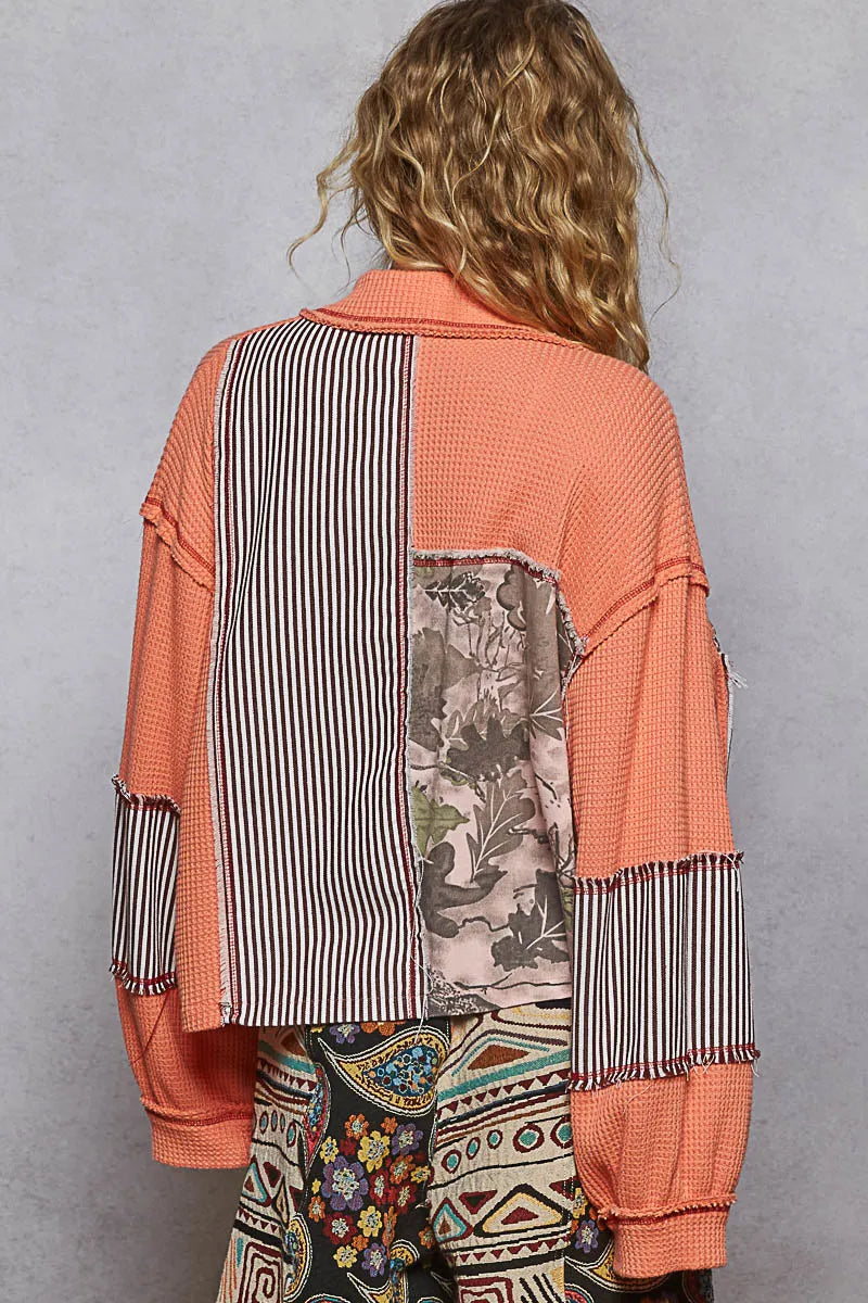 POL Balloon Sleeve Patchwork Orange Multi-Pattern Thermal Edge Jacket